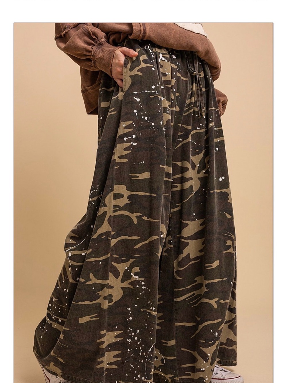 Blue Velvet Paint-Splatter Camo Maxi Skirt in Olive Green